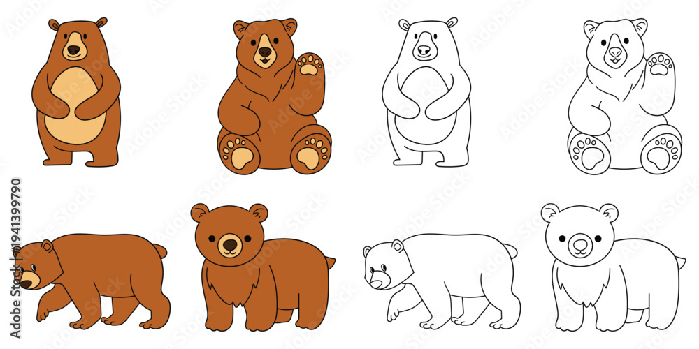Obraz premium Hand-drawn cartoon and doodle set of bears on a white background.