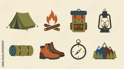 Camping Essentials Icons – Outdoor Adventure & Hiking Gear