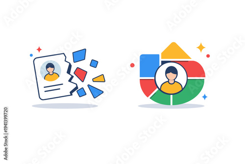 Career identity loss depicted through a profile card splitting into fragments that reorganize into a new balanced shape. The mood emphasizes rebuilding, self