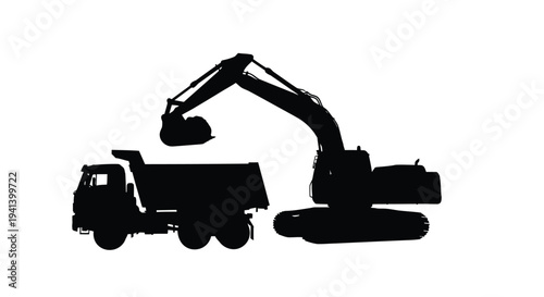 Construction machinery including an excavator and dump truck silhouette