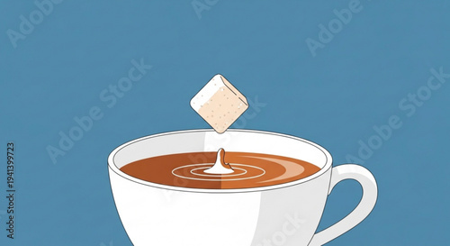 Brown coffee in white cup with sugar cube dissolving on top against blue background