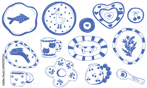 Pottery plates set. Hand made whimsical crockery illustrations with cats, goose, flowers. Mediterranean blue line art hand drawn vector collection for packaging, branding, menus, design, stickers