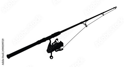 A black silhouette of a fishing rod and reel against white background