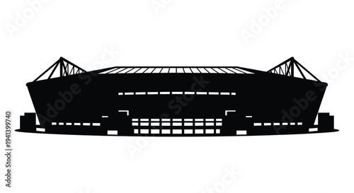 A striking black stadium illustration sharply defined in silhouette