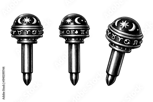 Zodiac wheel central axis A realistic central axis of a zodiac wheel with cylindrical pin and decorative cap, shown in three views including front view, side