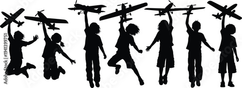 Group of happy children silhouettes jumping and playing with model airplanes for childhood hobby, fun, aviation, cad drawing vector illustration