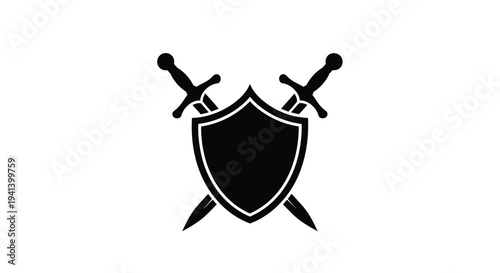 Black shield and crossed swords presented as a dark silhouette
