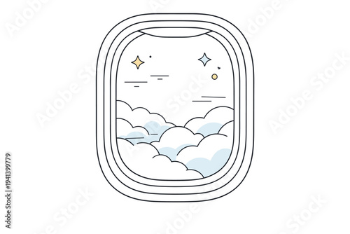 Air travel view. Soft clouds drifting beneath an airplane window, creating a calm sense of altitude and distance. Quiet journey mood with gentle motion lines