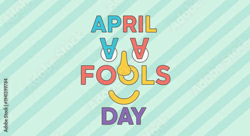 Colorful april fools day text with winking face on striped background