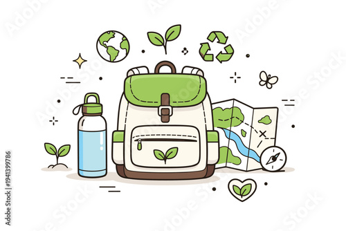 Sustainable travel gear. An eco backpack displayed with a water bottle, map, and plant-based symbols. The composition highlights durability, simplicity, and