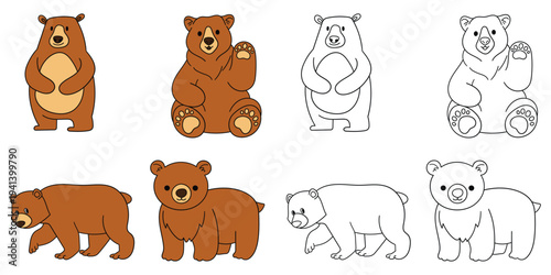 Hand-drawn cartoon and doodle set of bears on a white background.