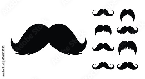 Collection of various mustache shapes and styles in black silhouette
