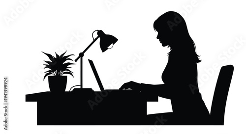 Woman working at a desk with a lamp presented as a silhouette