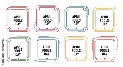 Colorful april fools day labels in various shapes and line styles for celebrations and pranks