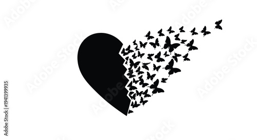 A broken heart transforms into a flock of butterflies silhouette