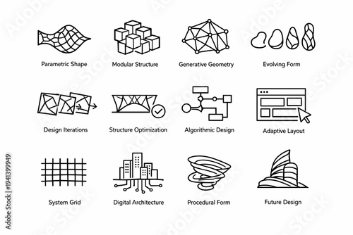Generative Design. Line icon set of Generative Design: parametric shape, modular structure, generative geometry, evolving form, design iterations, structure