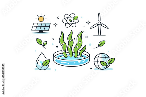 Algae and sustainability. Algae symbols combined with clean energy or eco icons, feeling of innovation and environmental care. Modern scientific optimism with