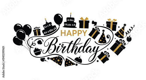 Festive birthday celebration with cake balloons and gifts a silhouette