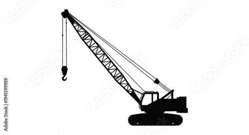 Black silhouette of a large construction crane on a white background