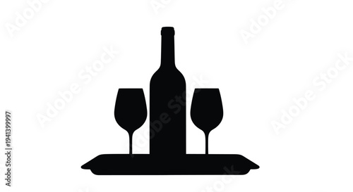 Wine bottle and glasses on a tray a striking silhouette