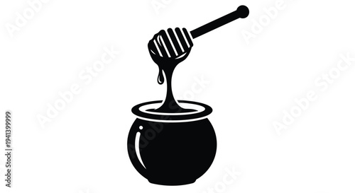 Black silhouette of a honey pot with dripping honey and dipper