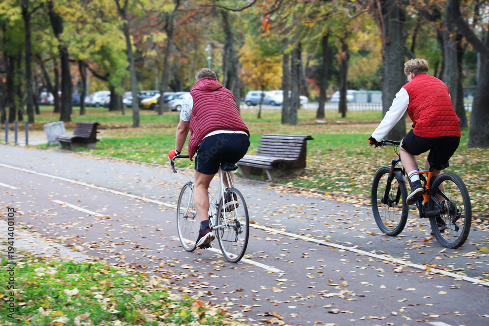 Fototapeta premium Stylish couple of middle age couple people ride in autumn seasonal fall season park during the autumn season at sunset. Active cycling in park on the weekend. Back rear view. Belgrade Serbia Usce park