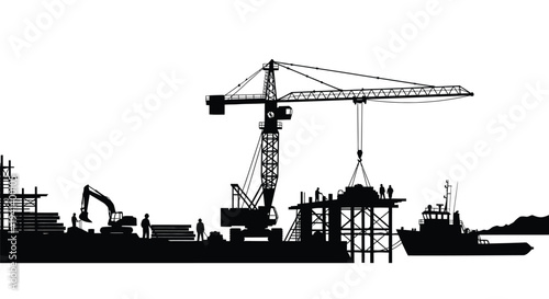 Construction site with crane workers and port in dark silhouette