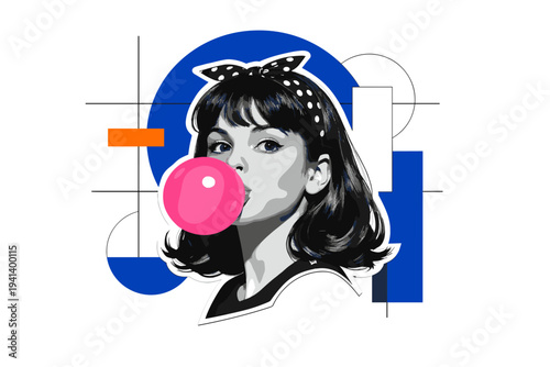 Black and white retro-style girl portrait blowing a bright pink bubble gum bubble, bold cobalt blue circular backdrop partially cropped behind her head, thin