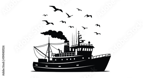 A black silhouette of a fishing boat with birds in flight silhouette