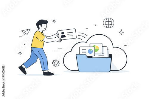 Export and migration systems. Person dragging data cards into a cloud storage icon, smooth and controlled motion. Friendly workflow illustrating portability