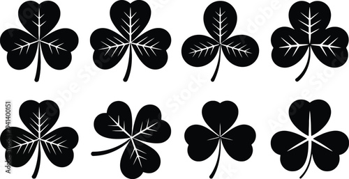 Shamrock Clover Silhouette Set Black Lucky Leaf Icons for St Patrick’s Day Vector Collection