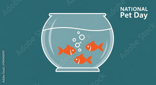 Three orange fish swim in a clear glass bowl on national pet day with bubbles rising to the surface against a teal background