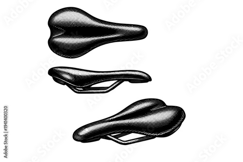 Bicycle saddle shown from top view, side profile, and angled perspective, maintaining realistic curvature, rail structure, and ergonomic proportions. Black and
