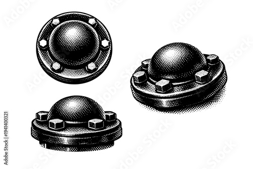 Fire hydrant top cap A realistic fire hydrant top cap with domed shape and bolt details, presented in three views such as top view, side profile, and angled