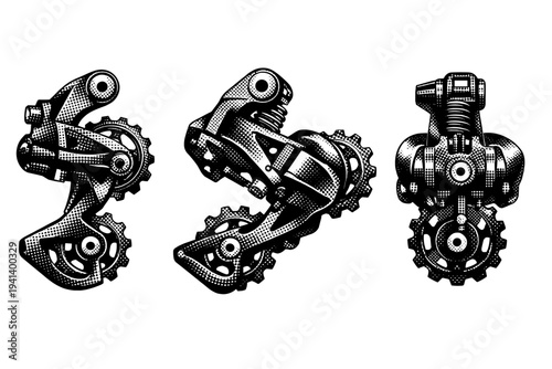 Bicycle derailleur presented in side profile, angled perspective, and rear view, clearly defining jockey wheels, spring mechanism, and mounting bracket with