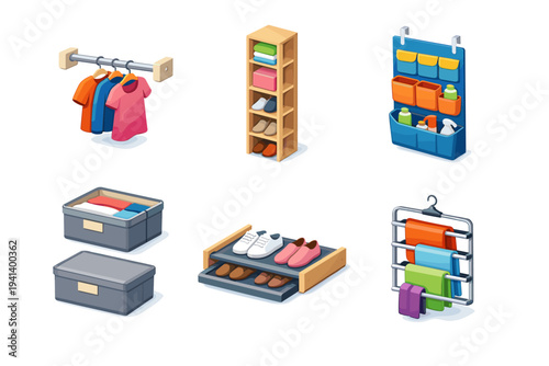 Small Closet Solutions. Isometric flat vector icons set of Small Closet Solutions: compact hanging rod, narrow shelving unit, over-the-door organizer, foldable