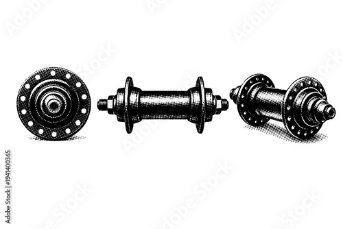 Bicycle hub displayed in front view, side profile, and three-quarter angle, accurately depicting spoke flanges, axle housing, and cylindrical volume. Black and