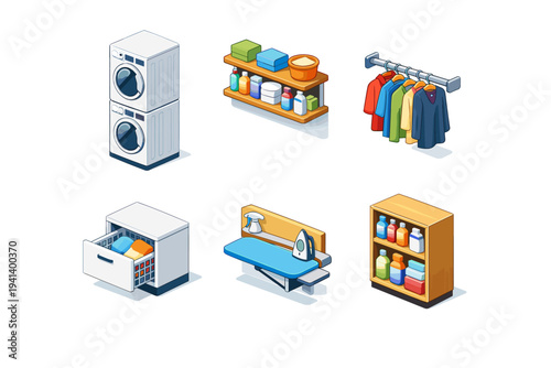 Laundry Closet Setup. Isometric flat vector icons set of Laundry Closet Setup: stacked washer and dryer unit, upper storage shelves, hanging rod for clothes,