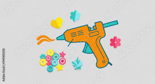 Colorful hot glue gun with flowers and buttons on a gray background for crafting and diy projects