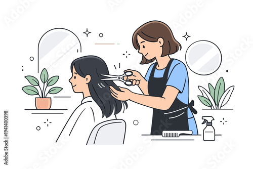 Hair stylist at work with professional scissors. A stylist carefully trimming hair of a seated client, focused work and calm collaboration in a modern salon
