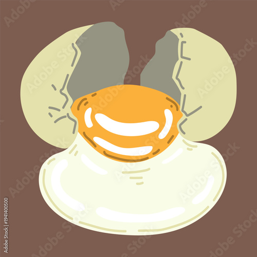 Broken chicken egg. Hand drawn flat vector. Raw ingredient. Shell, crack, yolk, egg white. Protein food. Animal product. Cooking. Doodle illustration.