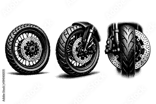 Motorcycle front wheel with disc brake presented in side, angled, and partial frontal views emphasizing tire tread, spokes, and brake rotor structure. Black