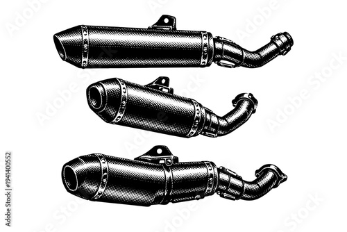 Motorcycle exhaust pipe system with muffler shown in side, angled, and underside views detailing bends, mounting brackets, and cylindrical form. Black and