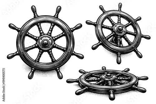 Ship wheel. A classic wooden ship wheel depicted as a single object presented in three different views showing spoke arrangement, central hub, and overall