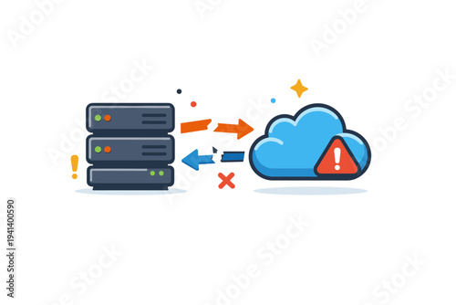Backup system outage visualized as disconnected arrows between servers and a cloud, expressing broken continuity, operational stress, and reliance on remote