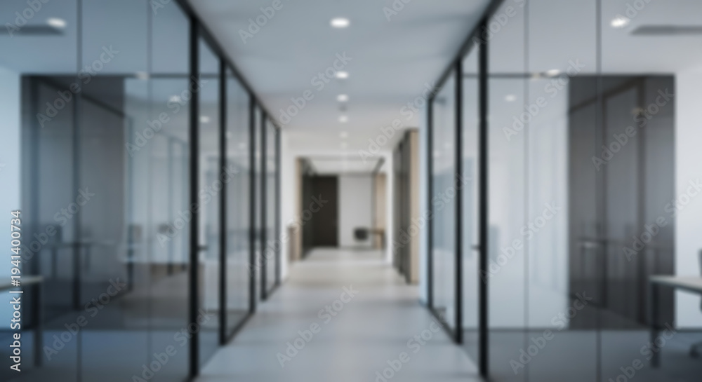 Fototapeta premium Modern office interior with glass partitions and corridor, sleek corporate hallway with meeting rooms