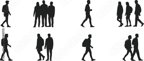Walking people silhouette collection featuring men and women with backpacks in urban crowd poses for lifestyle and city design