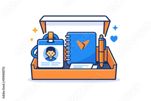 Employee welcome kit branding showcasing a neatly arranged onboarding box with ID badge notebook and branded pen forming a cohesive identity set. A friendly