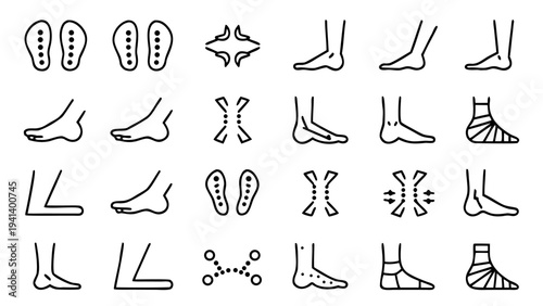 Thirty white icons of legs and feet on a solid black background.