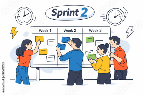 Scrum Sprint Planning. A team standing around a large sprint timeline, placing task cards into weekly sections, a bold ?Sprint ? label floating above. Abstract